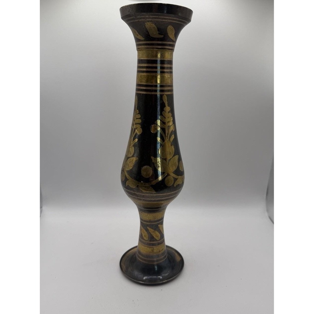 Vintage Etched Brass Vase Black Gold Indian Boho Floral 11.25" Tall Decor